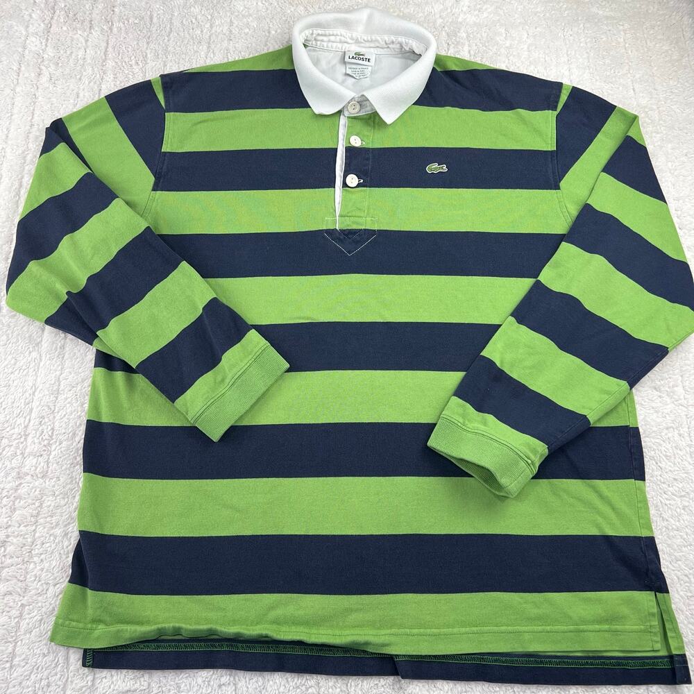 Lacoste Rugby Shirt Men’s XL Polo Green Navy Blue Striped Long Sleeve Cotton